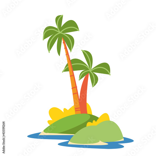 Desert island icon. Vector illustration in cartoon children s style. Isolated funny clipart on a white background. Two palm trees on the island. Cute print