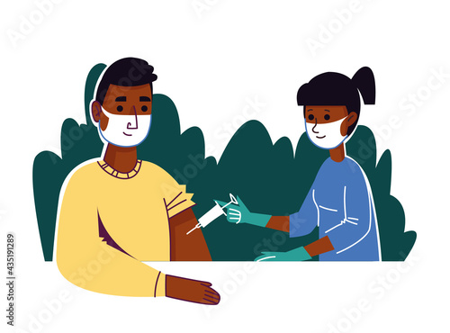 Syringe shot with coronavirus vaccine. A female doctor gives an injection to a dark-skinned man. Vaccination against the Covid-19 virus. Visit to the doctor. Vector illustration in flat cartoon style