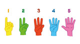 Counting from one to five on the fingers. Hand gestures for preschool learning to count. Numbers on the fingers. Multi-colored hands and numbers. Vector flat isolated art fun. finger counting