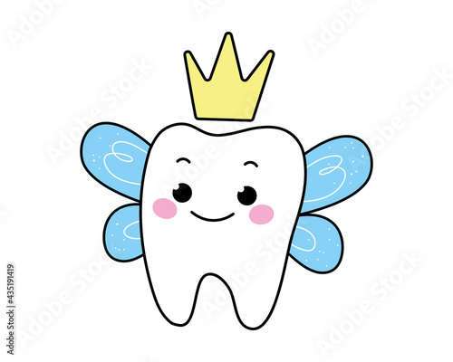 Character tooth fairy in a crown with wings. Vector illustration in cartoon children s style. Isolated funny clipart on a white background. Cute print fun