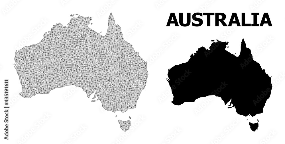 Polygonal mesh map of Australia in high detail resolution. Mesh lines, triangles and dots form map of Australia.