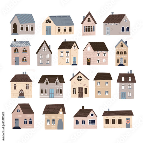 Set of cute houses for creating a map. Hand drawn vector illustration. Nursery concept