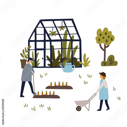 Garden with greenhouse, trees and characters, taking care of the plants. Hand drawn vector illustration. Horticulturist concept