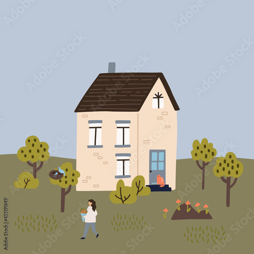 Spring landcape. Cute house with a garden. Woman carries a bouquet. Hand drawn vector illustration