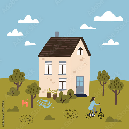 Summer landcape. Hand drawn vector illustration. Cute house with a garden. Woman riding bysicle