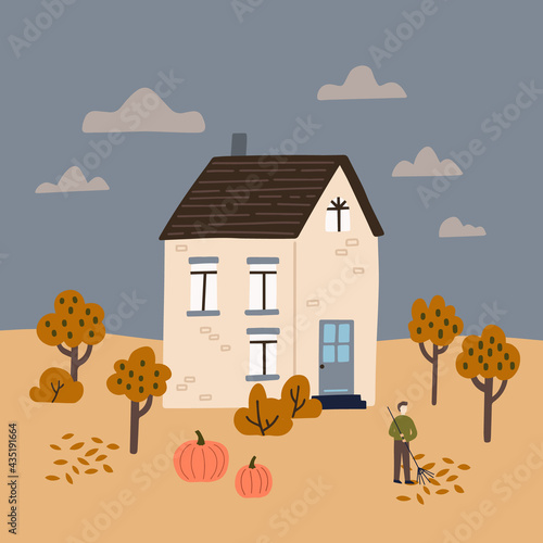 Autumn landcape. Cute house with garden. Man gathering leaves. Hand drawn vector illustration