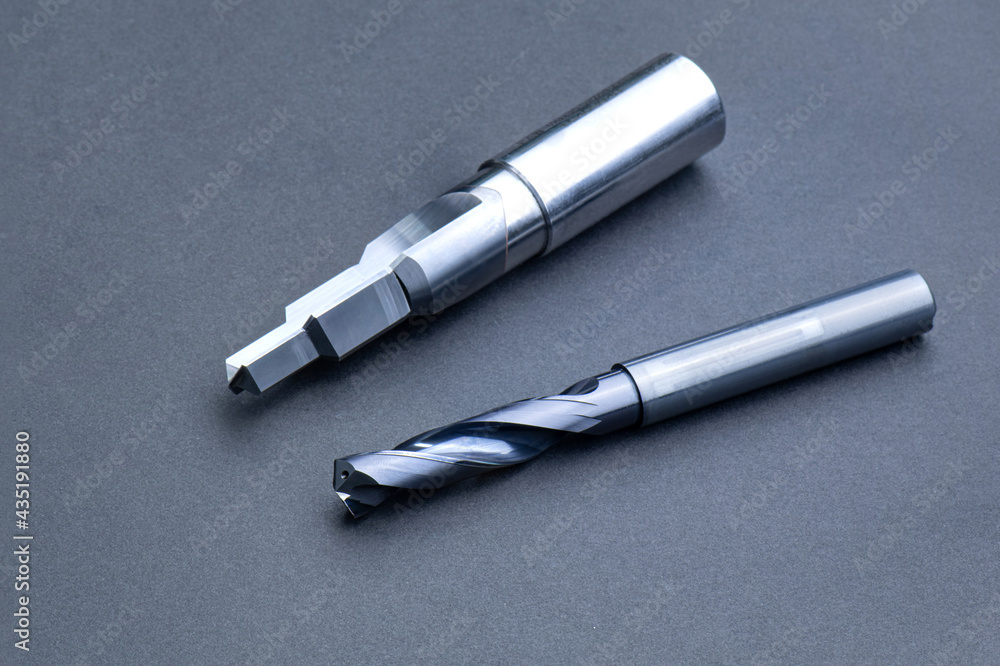 cutting tools special set. Drill oil hole, reamer. spiral right hand. material Carbide and high speed steel, coating Titanium nitride. isolated on white background.