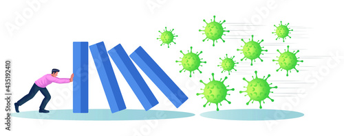 Businessman stopping the domino effect from Covid-19 coronavirus vector illustration.