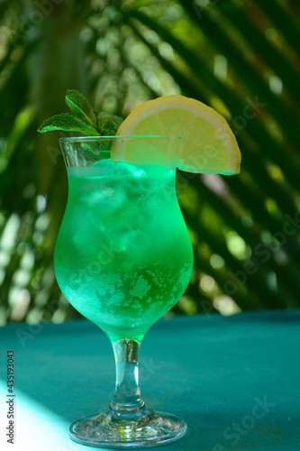 Glass of cocktail green fairy with lemon and mint leaves. Sweet refreshing mint liqueur, with ice and absinthe, rum, Ice cubes and Vodka photo