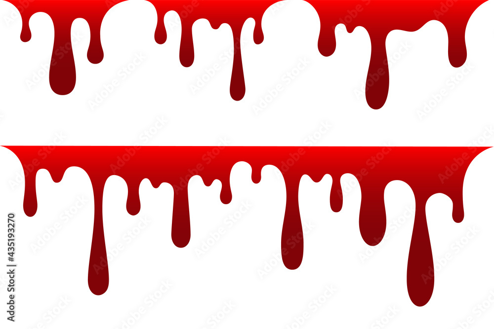 Blood drip cartoon set. Halloween bloodstain isolated white background. Splatter stain. Horror drop flow. Red scare ink. Blot texture. Colorful splash. Stream bleed. Flowing liquid Vector illustration