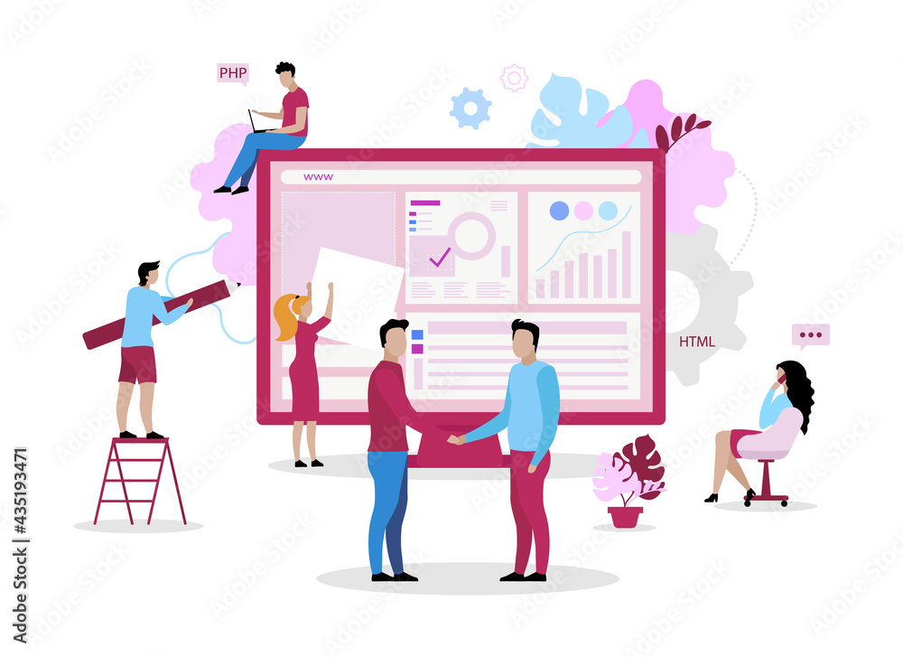 Website development crew flat concept vector illustration. Maintaining functionality and user interactions 2D cartoon characters for web design. Software development company creative idea