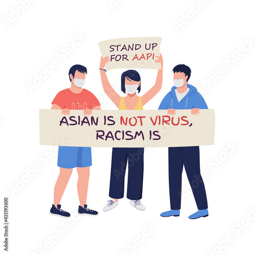 Activists fighting against injustice flat color vector faceless characters. Anti-asian hate incidents and violence prevention isolated cartoon illustration for web graphic design and animation