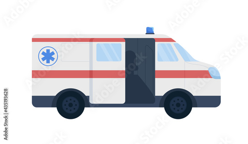 Emergency vehicle flat color vector object. Paramedic ambulance car. Providing life support. Patients transfer to medical facilities isolated cartoon illustration for web graphic design and animation