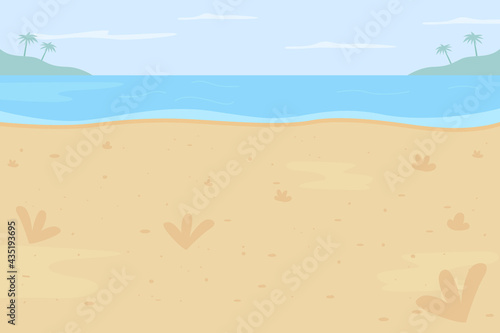 Tropical beach flat color vector illustration. Summer vacation spot. Place for holiday journey. Summertime seascape. Idyllic lagoon. Resort 2D cartoon landscape with ocean on background