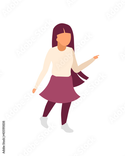Little girl walking street flat color vector faceless character. Young lady with long hair. Female child searching for parents isolated cartoon illustration for web graphic design and animation