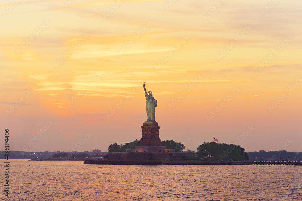 beautiful city skyline at  sunset. USA. Statue of Liberty National Monument