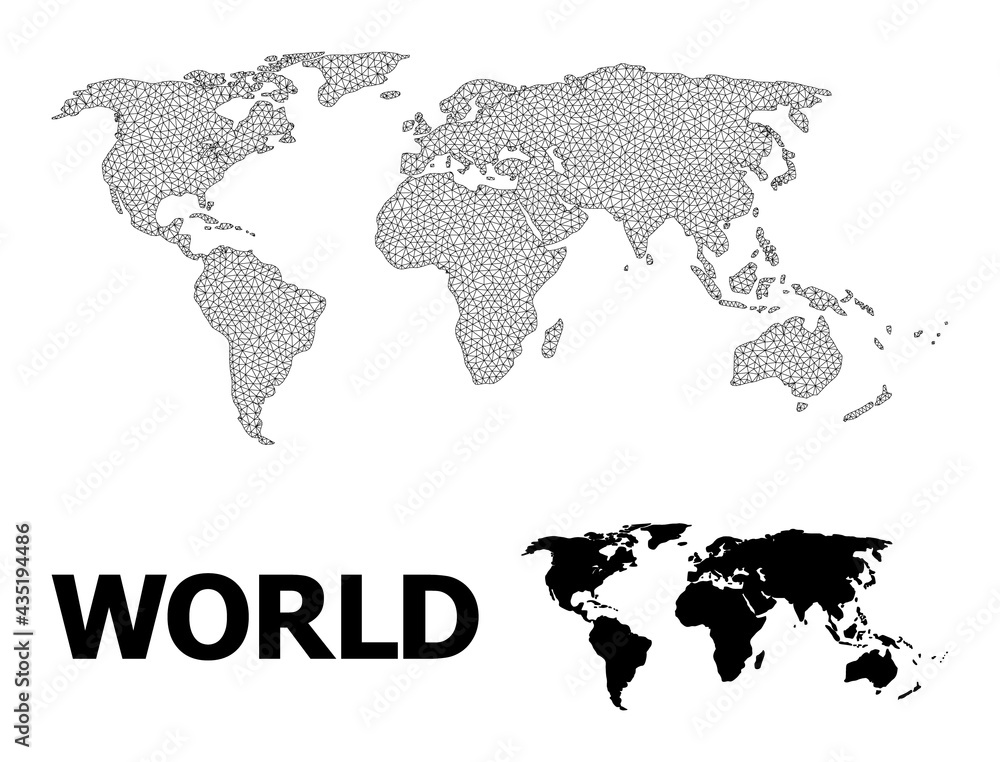Obraz premium Polygonal mesh map of world in high detail resolution. Mesh lines, triangles and points form map of world.