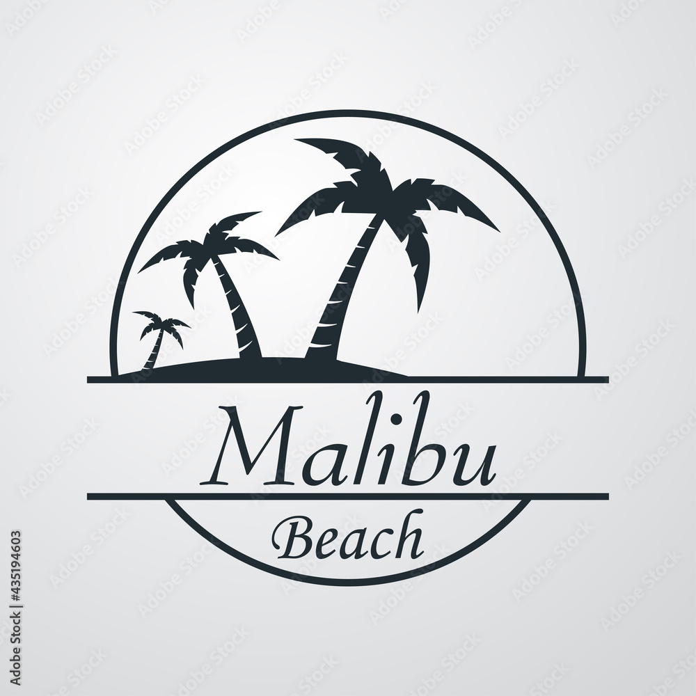 Destino de vacaciones. Logotipo con texto Malibu en circulo con palmeras en fondo gris