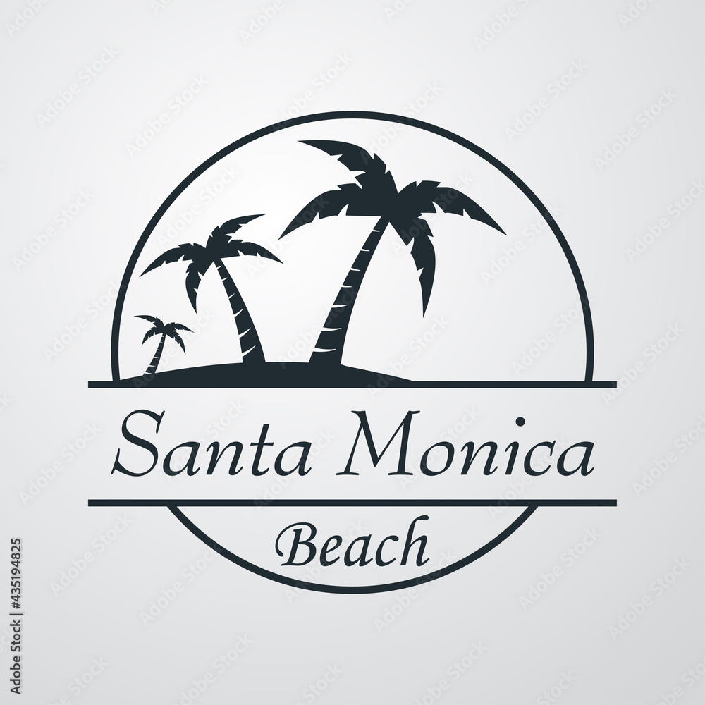 Destino de vacaciones. Logotipo con texto Santa Monica en circulo con palmeras en fondo gris