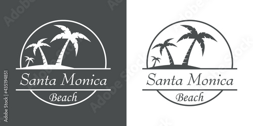 Destino de vacaciones. Logotipo con texto Santa Monica en circulo con palmeras en fondo gris y fondo blanco