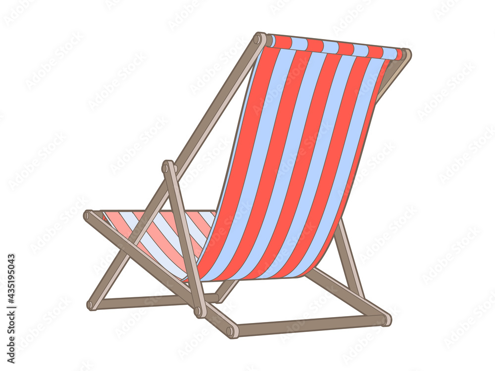 Vector isolated illustration in cartoon style. Deck chair. Furniture for relaxing at the ocean shore or for sunbathing in the garden. Striped pattern cloth on wooden frame.