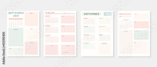 September 2021 - Planner. Modern planner template set. Set of planner and to do list. Monthly, weekly, daily planner template. Vector illustration.