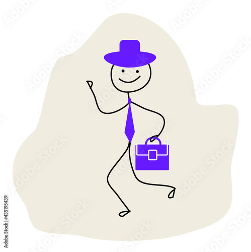 happy stick man in a hat, tie and carrying a briefcase hurries to a business meeting, businessman, sketch, liquid background 