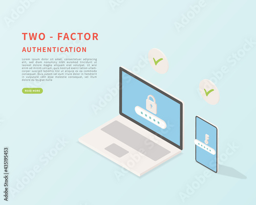 Two-factor authentication. Verification identity by password and security code concept. Vector isometric illustration.