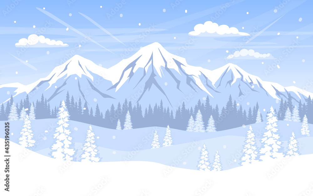 winter landscape background with pine trees forest woodland mountains and snow