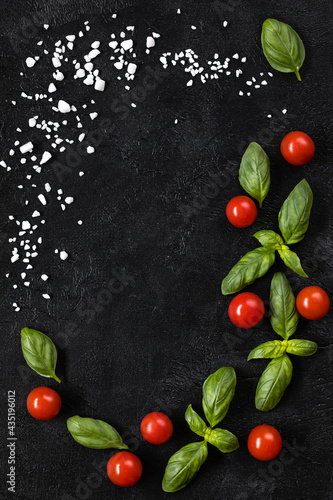Ingredients - cherry tomatoes, basil and salt, view from above, concept on black background