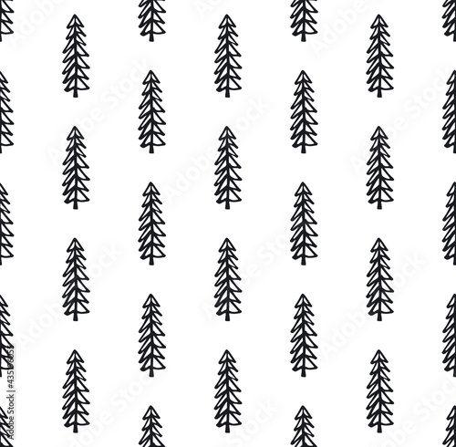 winter black and white seamless pattern with xmas pine doodle trees