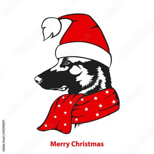 merry christmas happy new year greeting sheperd dog in santa xmas hat and scarf portrait vector illustration