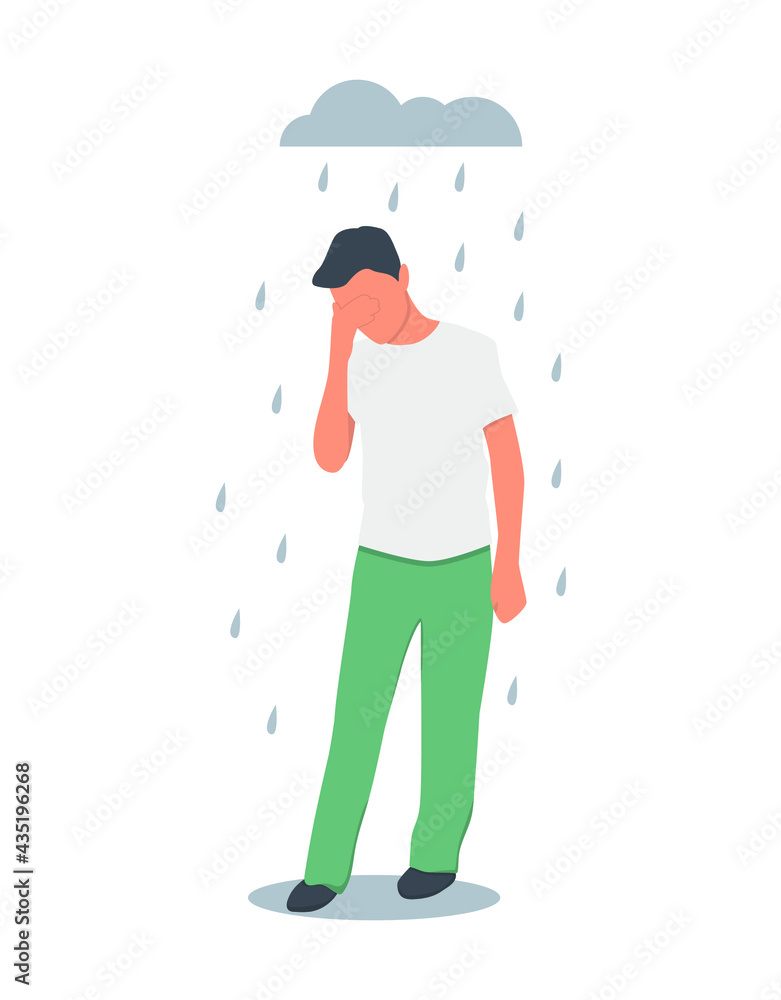 Fototapeta premium Mental health flat vector isolated. A man standing under a cloud with rain. Concept of sadness and problems. Vector illustration
