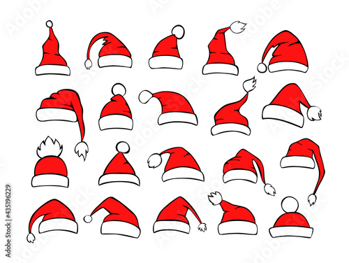 collection of different shapes santa xmas christmas hats in red black white color