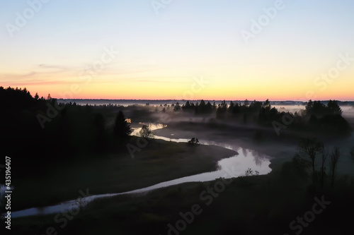 evening fog landscape forest river  view morning forest beautiful background