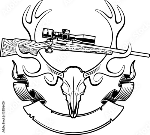deer skull with crossing hunting rifles and banner