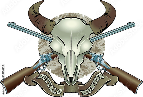 bison skull with crossed rifles and banner with text buffalo hunter