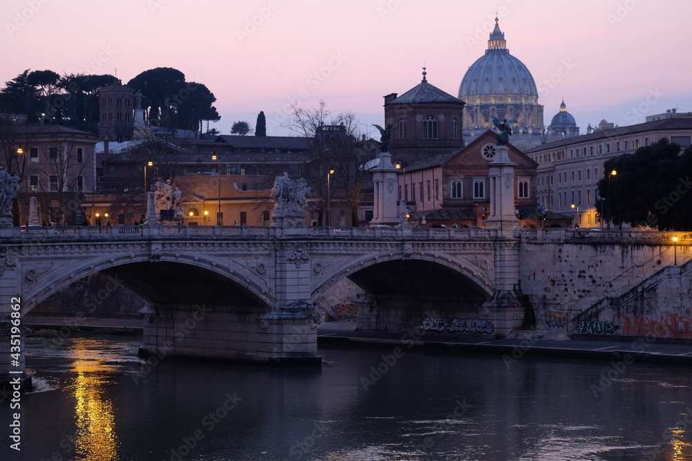Vatican City, Rome, Italy, Beautiful night image of St. Peter's Basilica, Ponte Sant Angelo and Tiber River at Dusk in Summer.