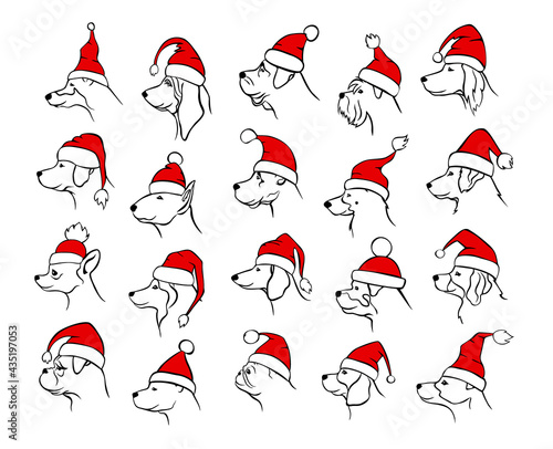 xmas happy new year outlined different  dogs heads profiles faces portraits in black color, wearing colored in red and white christmas santa claus hats