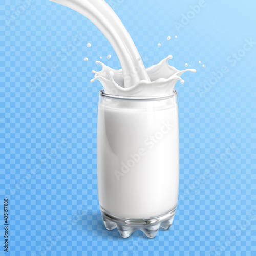 Glass of milk on transparent blue background