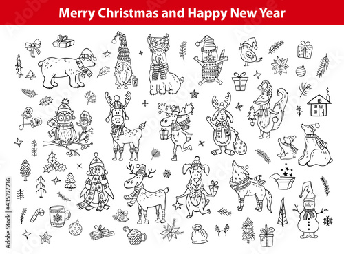 merry christmas and happy new year cute funny hand drawn outlined doodles animals silhouettes collection with polar bears penguin deer reindeer rabbit cat dog, fox wolf, owl bird 