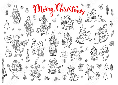 collection of cute funny christmas and happy new year greeting sketch style doodle dogs in black color in winter santa claus hats. pets sledding skiing jumping running having fun enjoying holidays