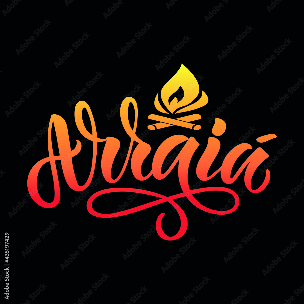 Obraz premium Arraia handwritten text (means Fair in Portuguese Brazilian). Hand Lettering Modern Brush Calligraphy, Bright Colorful Vector Illustration on black background. Invitation for Traditional june festival