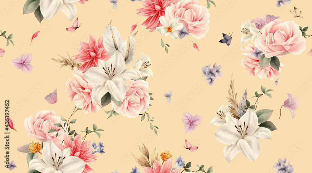 Obraz Kwiatowy wzór z kwiatami na tle lato, akwarela ilustracja. Projekt szablonu tekstyliów, wnętrz, ubrań, tapet