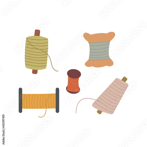 Set of spools of thread for sewing. Colorful vector illustration in hand drawn style isolated. Sewing tools, reel bobbin