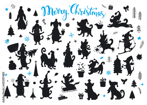 collection of cartoon christmas and happy new year dogs silhouettes