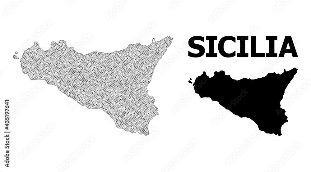 Polygonal mesh map of Sicilia Island in high detail resolution. Mesh lines, triangles and dots form map of Sicilia Island.