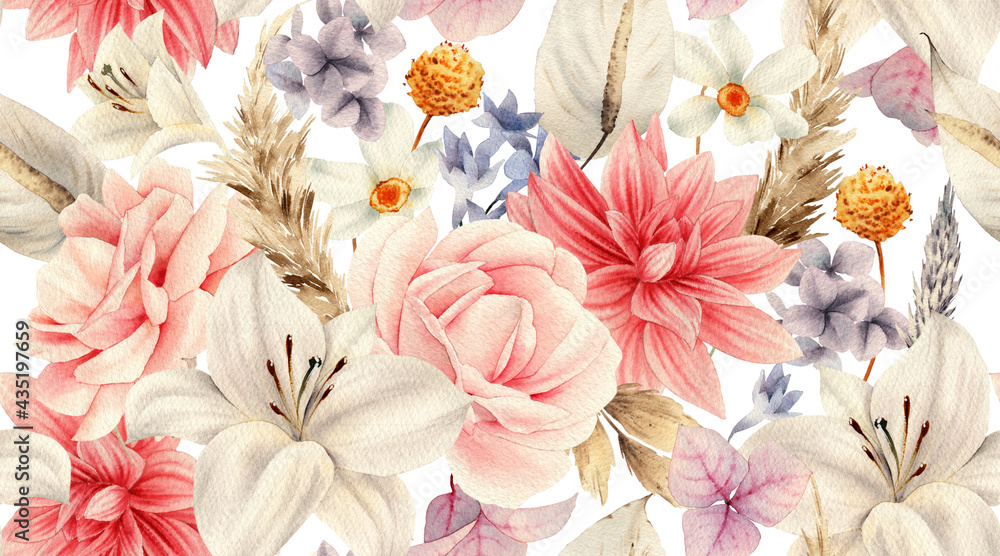 Seamless floral pattern with flowers on summer background, watercolor  illustration. Template design for textiles, interior, clothes, wallpaper  Stock Illustration | Adobe Stock