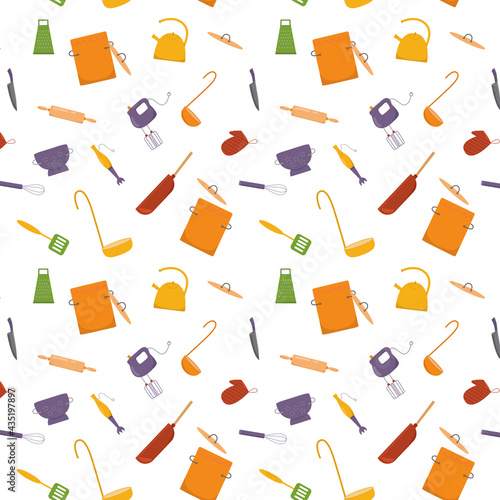 Seamless pattern cooking with kitchen tools, cookware. Vector stock illustration on white background for print industry, web site online cooking course, class certificate, diploma. EPS10