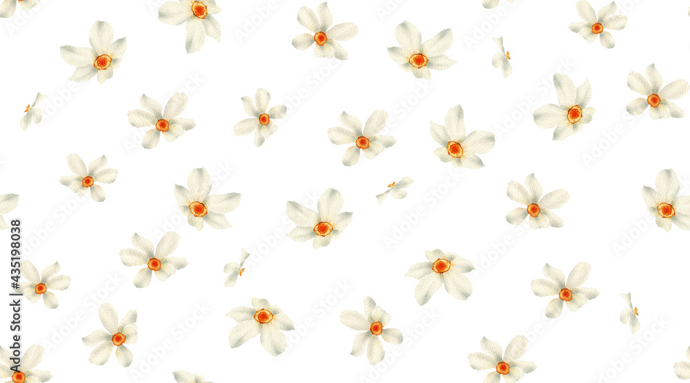 Seamless floral pattern with jonquil flowers on summer background, watercolor illustration. Template design for textiles, interior, clothes, wallpaper